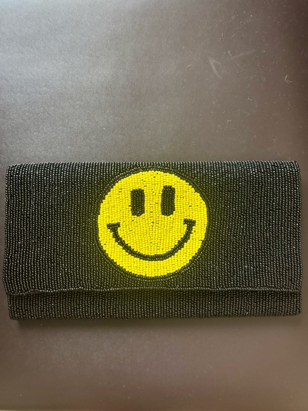 Beaded Black Flat Clutch with Yellow Smiley Face - Detachable Chain